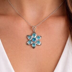 Vintage Sterling Silver Blue Stone Flower Pendant .925 Floral Necklace Charm